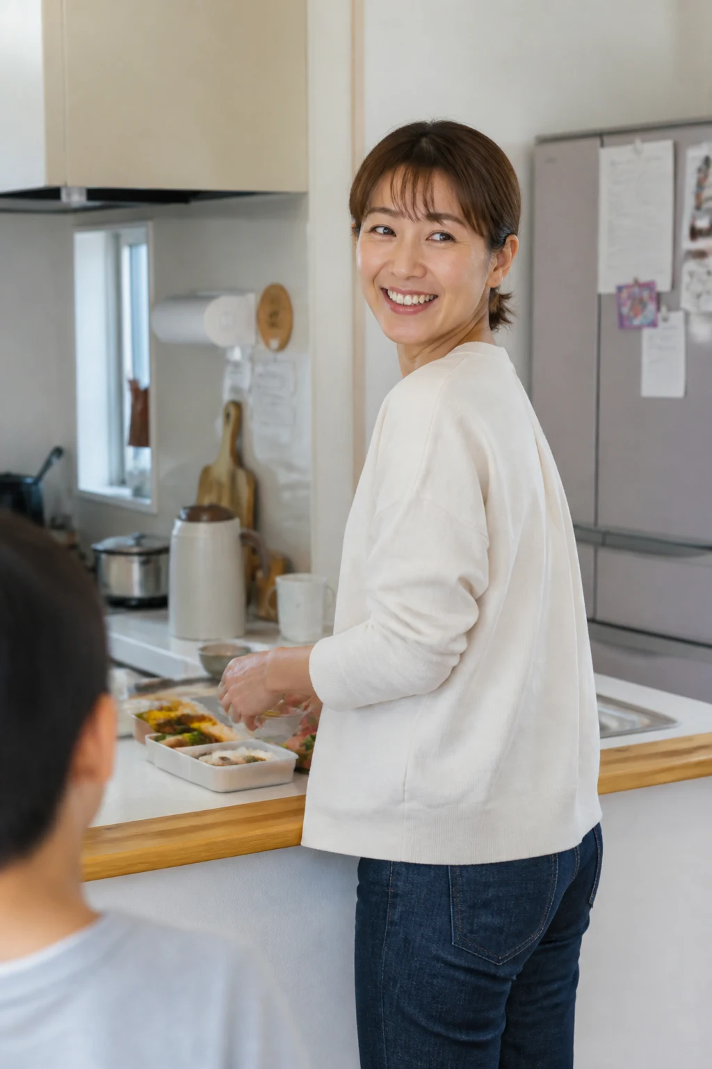 忙しい朝の食卓でほほえむ女性