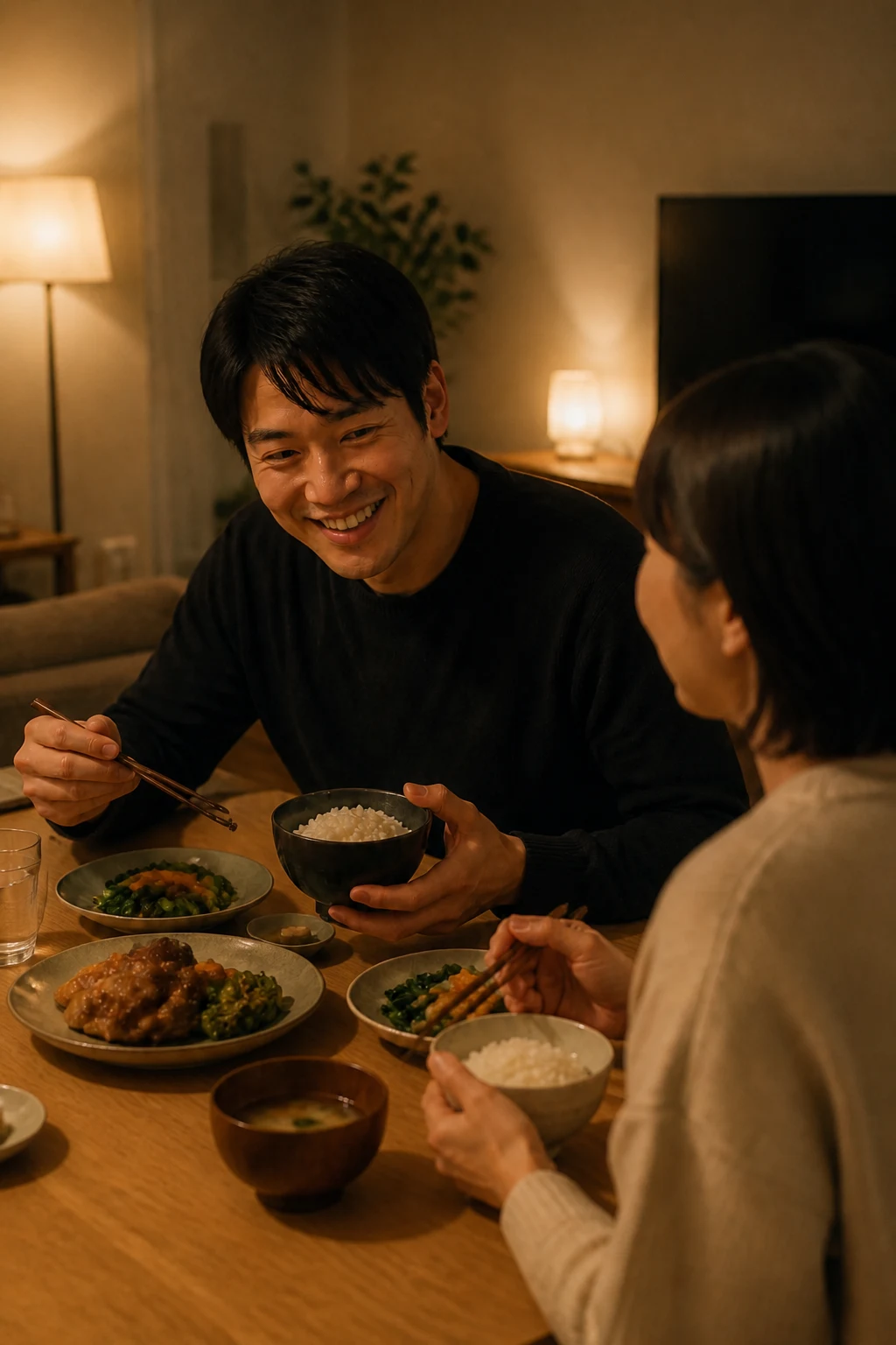 夜の食卓を囲む家族